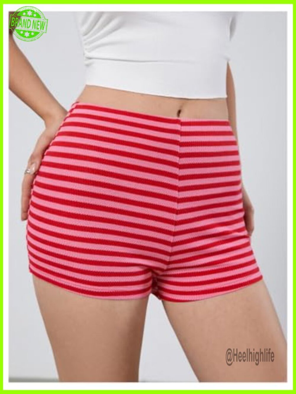 Crochet Knit Striped Micro Biker Shorts Pajama Lounge Elastic Waist - Picture 3 of 5